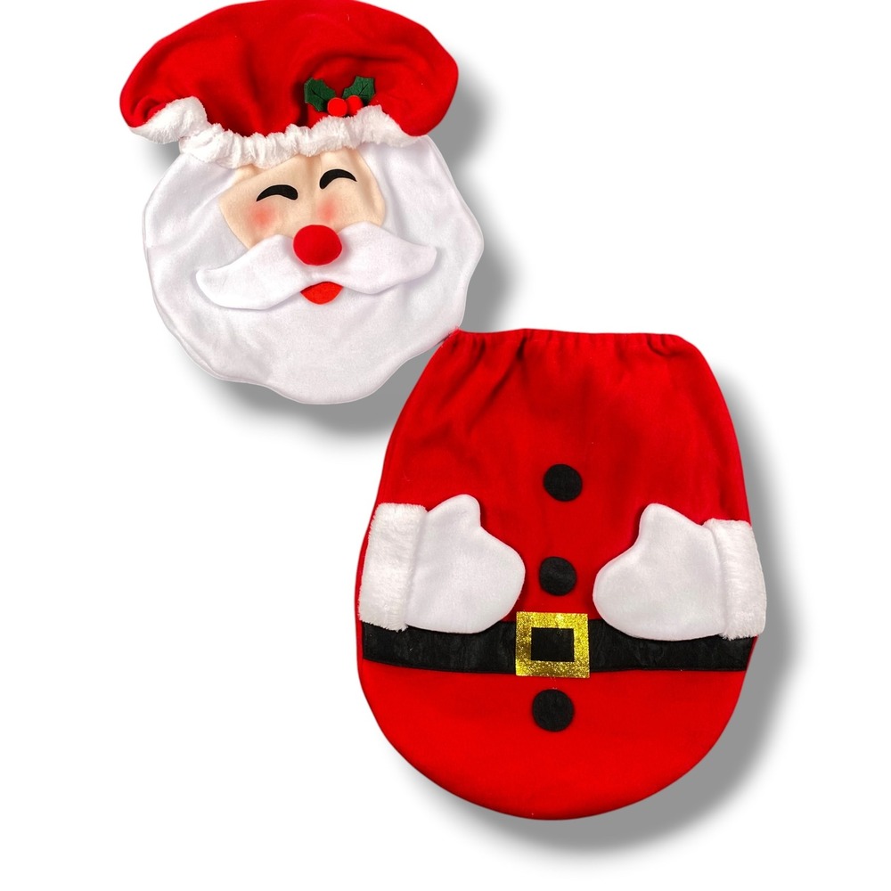 Santa Claus Christmas Toilet Seat and Tank Cover Set Red Holiday Bathroom Decor